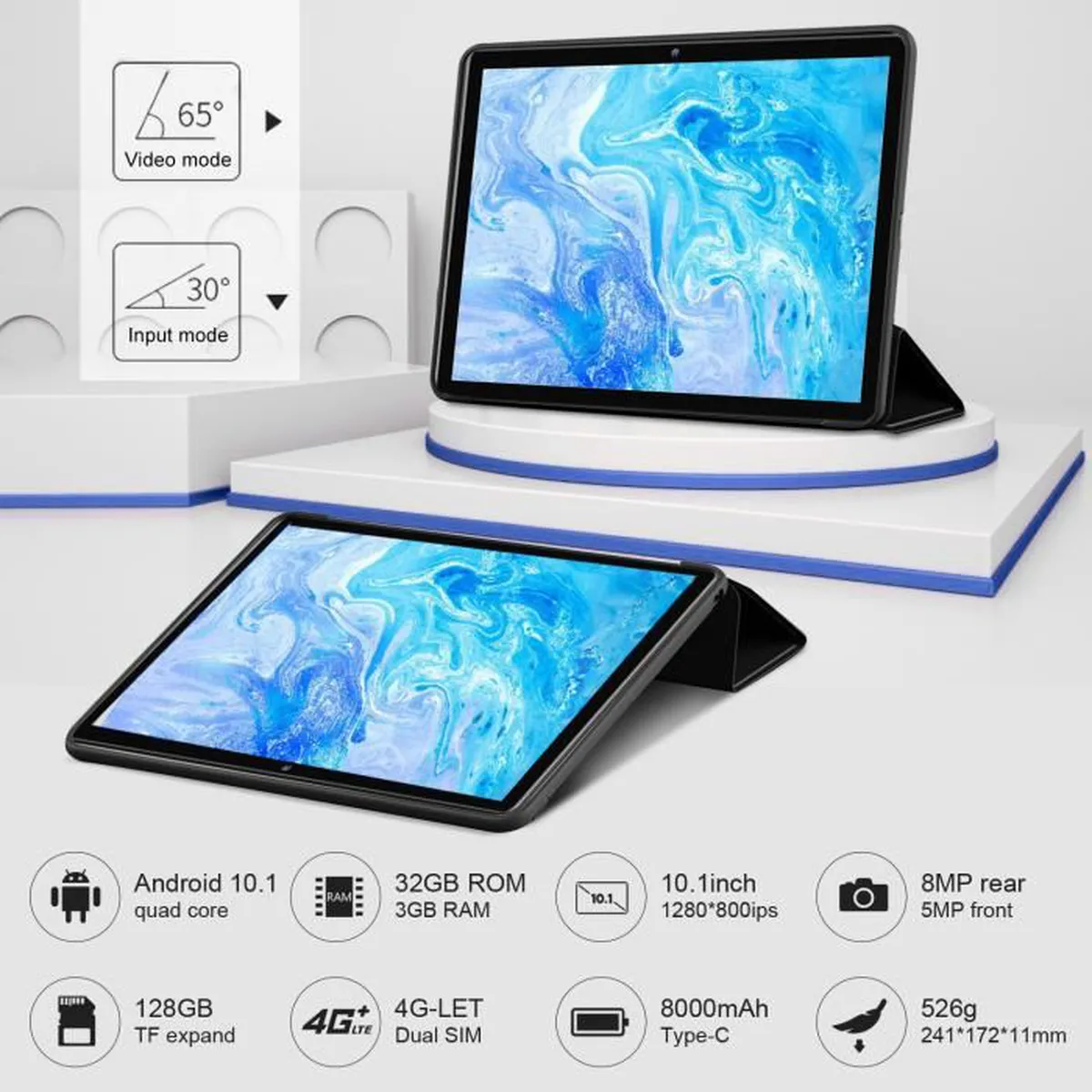 Tablette Tactile Pas Cher 10.1 pouces HD 4G Double Carte SIM Standard(3Go  RAM+32Go Rom, Dual Cameras , Quad core) avec Accessories,T